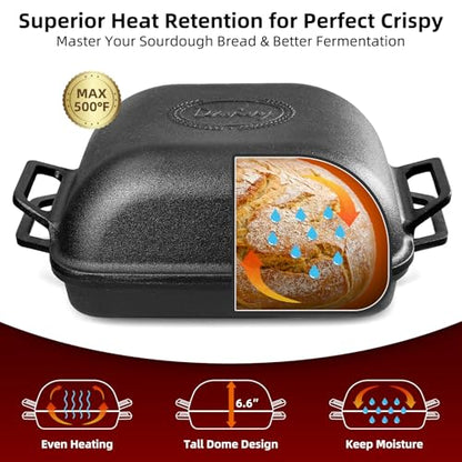 Davivy 9QT Pre-Seasoned Dutch Oven for Sourdough Bread, Non-stick Cast Iron Sourdough Bread Loaf Baking Pan, Large Capacity Cast Iron Loaf Pan, with Silicone Oven Mitts