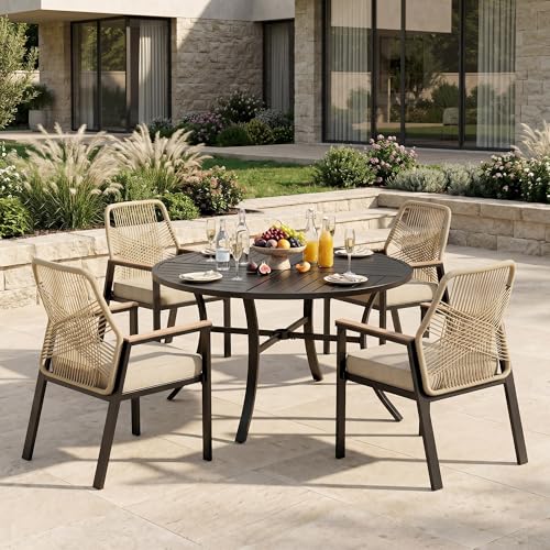MIXPATIO 5 Pieces Round Outdoor Dining Set for 4, Patio Dining Set Wicker Rattan Chairs with Soft Cushion and 42" Round Table with Umbrella Hole, Round Patio Table and Chairs for Backyard Porch