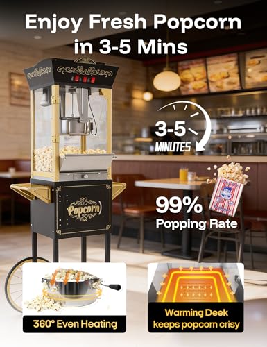 PopBria Popcorn Machine with Cart, 12oz Retro Popcorn Maker with Warming Deck, Movie Theater Style Popcorn Machine for Home Theater, Parties and Large Batches, Black and Gold