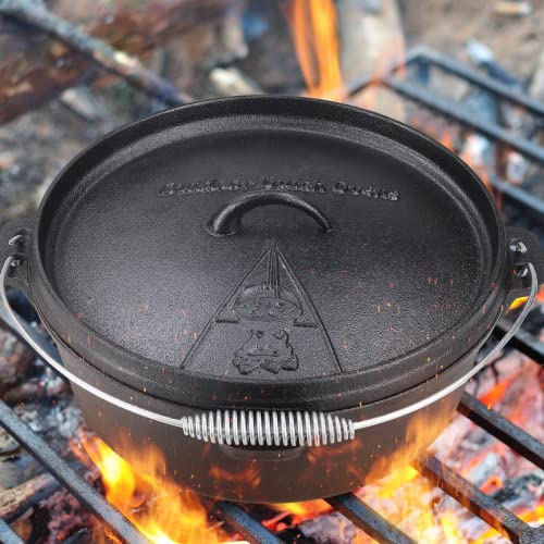 LIFERUN Dutch Oven Pot with Lid, 12 Quart Cast Iron Dutch Oven, without Feet, with Stand & Spiral-shaped Handle, Cast Iron Pot for Outdoor & Indoor, black