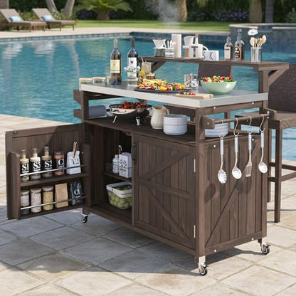 Merax 53.3" Outdoor Kitchen Island with Raised Shelf, Solid Wood Storage Cabinet with Stainless Steel Top, Rolling Grill Cart, Adjustable Shelf, Brown