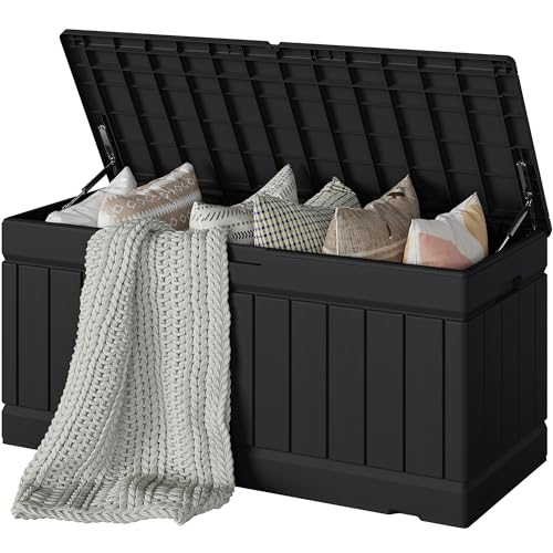 Devoko 78 Gallon Deck Box, Waterproof Resin Outdoor Storage Box for Outside and Patio, Outdoor Storage Bench Lockable for Patio Furniture, Garden Tools and Pool Supplies (Black, 78 Gallon)
