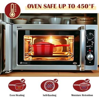 E-far Enameled Cast Iron Sauce Pan, 2 Quart Dutch Oven Saucepan with Lid, Small Sauce Pot for Cooking, Boiling, Healthy & Non Toxic, Induction & Oven Safe, Red