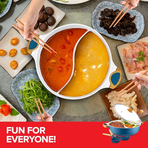 Nonstick Hot Pot with Divider, Blue Shabu Shabu with Silicone Spoons, Divided Cooker for Two Broths, Compatible with Induction, Gas Stove, or Grill