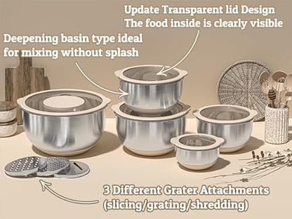 Mixing Bowles Set with Lids Set - Warp-Proof TPR-AS Lids, Stainless Steel Mixing Bowl with 3 Graters & Measuring Lines, Non-Slip Bowls for Baking, Prep, Airtight Food Storage (Khaki 5/3/2/1.5/0.63QT)