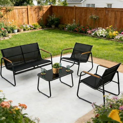 Kozyard 4-Piece Outdoor Patio Furniture Set with Textilene Chairs, Metal Conversation Set, Tempered Glass Coffee Table, Powder-Coated Steel Frame for Garden, Poolside, Backyard Black