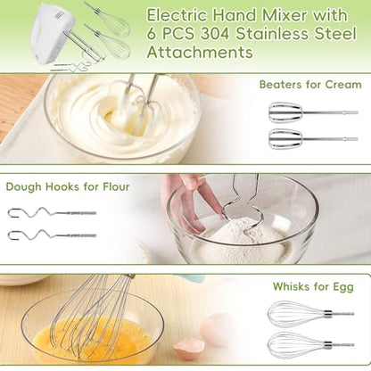 WEPSEN 5-Speed Electric Hand Mixer, 4 Large Mixing Bowls Set, Handheld Mixers with Whisks Beater, Stainless Steel Metal Nesting Bowl Measuring Cups Spoons Kitchen Cake Blender for Baking Supplies