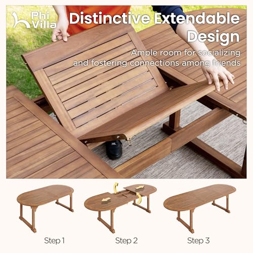 PHI VILLA 7 Pieces Acacia Wood Outdoor Dining Set for 6, Expandable Teak Wooden Table & Chairs, Large Farmhouse Furniture Set for Patio, Deck, Yard, Porch