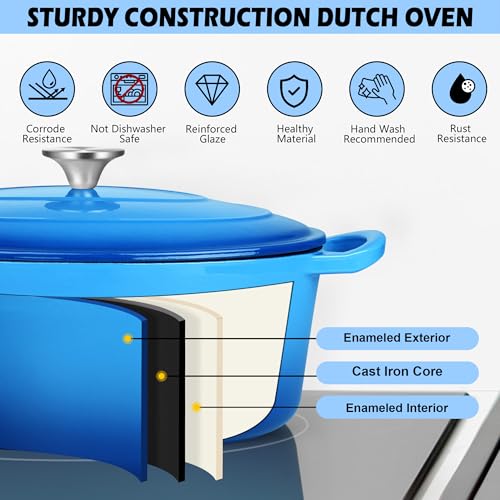 TeamFar 7QT Oval Dutch Oven, Enameled Cast Iron Dutch Oven Pot with Lid, For Bread Baking/Stewing/Braising/Frying, Suitable for Various Stoves, Non-stick & Easy Clean, Blue