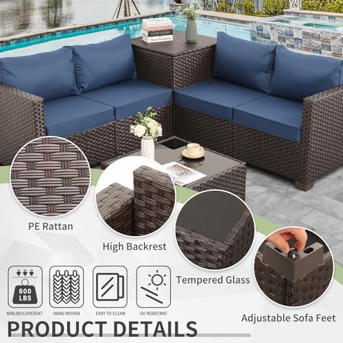 WAROOM Patio Furniture Set 4 Piece Conversation Sets Brown Rattan Outdoor Couch Loveseat Wicker Sectional Sofa with Storage Box Glass Top Table, Navy Blue Cushion