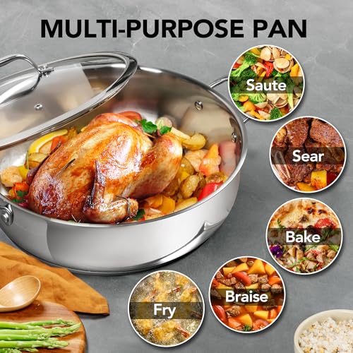 MICHELANGELO 12 Inch Stainless Steel Pan with Lid - Large Saute Pan with Lid, Deep Frying Pan Dishwasher & Oven-Safe, All Cooktops Compatible, 6 Quart