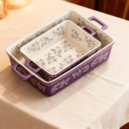 Domini Casserole Dishes for Oven, Ceramic Baking Dishes for Oven Set of 2, Lasagna Pan Deep, Baking Pan Set Square Casserole Dish Set with Handles for Baking, Pattern Purple(11.4+8.5inch)