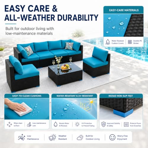7 Piece Outdoor Sectional Patio Furniture Set with Coffee Table, Blue