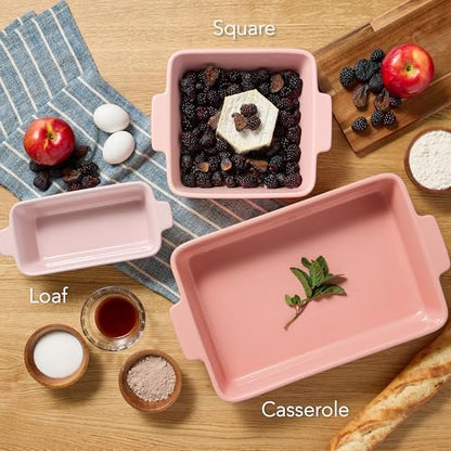 Best Choice Products 3-Piece Ceramic Bakeware Set, Stoneware Baking Dishes, Porcelain Casserole Bakeware Dishes, Serving Dishes - 9x12 Casserole, Loaf Pan, 8x8 Baking Dish - Pink Champagne