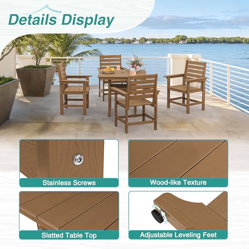 Homenjoy 5 Piece Patio Dining Set, 35" Square HDPS Weather Resistant Outdoor Table & 4 Patio Chairs Set with 1.96" Umbrella Hole, Heavy Duty for Small Space Backyard Balcony, Brown