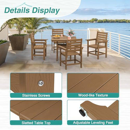 Homenjoy 5 Piece Patio Dining Set, 35" Square HDPS Weather Resistant Outdoor Table & 4 Patio Chairs Set with 1.96" Umbrella Hole, Heavy Duty for Small Space Backyard Balcony, Brown