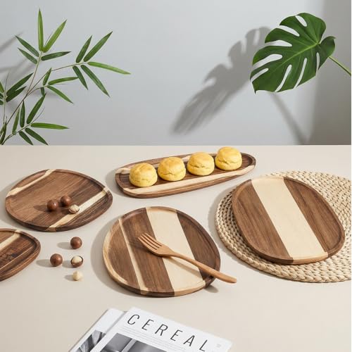 Okllen Set of 5 Small Acacia Wood Serving Platter and Trays, Irregular Oval Solid Wood Plates Serving Tray, Lightweight Wood Dinner Plates for Breakfast, Coffee, Tea, Snack, 6.3~11.7" L, 5.1~8.2" W