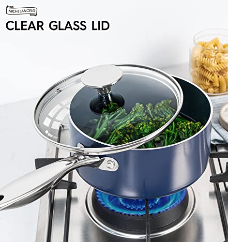 MICHELANGELO 2 Quart Saucepan with Lid, Nonstick Ceramic Sauce Pan with Stainless Steel Handle, 2 Qt Saucepan with Lid Induction Compatible, Oven Safe, Blue