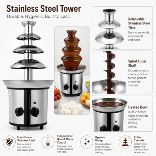 4-Tier Chocolate Fountain Machine, 60 oz Electric Fondue Fountain