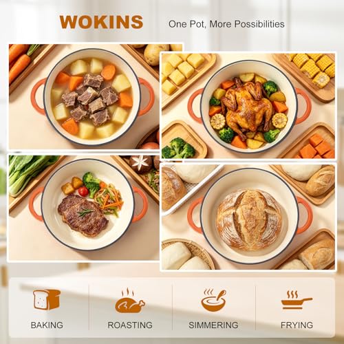 WOKINS Enameled Cast Iron Dutch Oven - 7QT Pot with Lid,Oven Safe to 500°F,Heavy-Duty Cookware for Sourdough Bread Baking,Braising,Stews,Roasting Orange