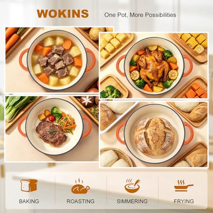 WOKINS Enameled Cast Iron Dutch Oven - 7QT Pot with Lid,Oven Safe to 500°F,Heavy-Duty Cookware for Sourdough Bread Baking,Braising,Stews,Roasting Orange