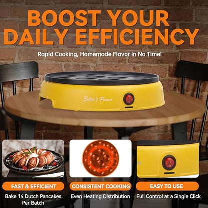 Baker's Friend Mini Pancakes Maker Machine, Dutch Mini Pancake Griddle, 14 Holes Electric Poffertjes Pan, Ideal for Breakfast, Snacks, Desserts & More, Yellow