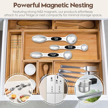 Magnetic Measuring Cups and Spoons Set - 304 Stainless Steel | Dual-sided Design | Set of 15 with Leveler | Strong N52 Magnetic Nesting Design | for Dry & Liquid Ingredients (Black)