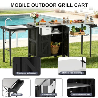 IWDOO Outdoor Kitchen Island with Storage Cabinet, 3-in-1 Movable Grill Cart with Stainless Steel Tabletop, 4 Swivel Wheels, Foldable Sink Rolling Bar Table Cart BBQ Food Prep Station for Patio, Black