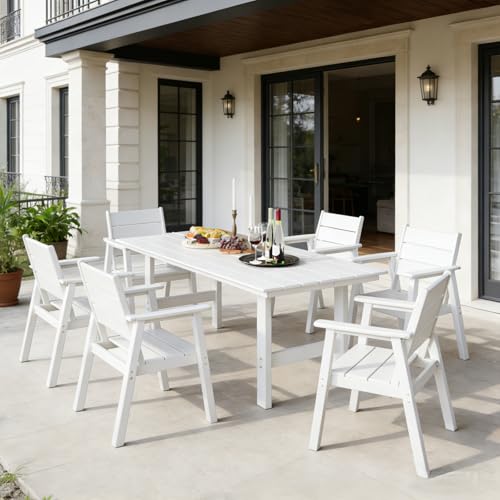 Polyhouz Outdoor Dining Set for 6, 7-Piece Patio Table and Chairs Set, HDPE Outdoor Dining Table and Chairs with Umbrella Hole, All-Weather Dining Furniture Set,White