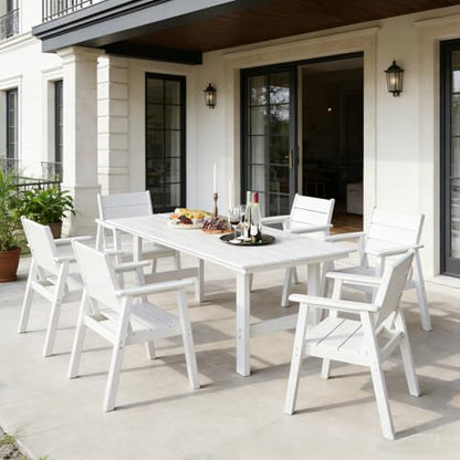 Polyhouz Outdoor Dining Set for 6, 7-Piece Patio Table and Chairs Set, HDPE Outdoor Dining Table and Chairs with Umbrella Hole, All-Weather Dining Furniture Set,White