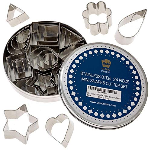 Ultra Cuisine 24pcs Mini Cookie Cutter Shapes Set - 100% Stainless Steel Small Molds To Cut Out Pastry Dough Pie Crust & Fruit - Steel Cutters Cut Tiny Heart Shapes - Bake Like A Pro For A Lifetime