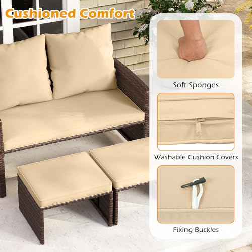 Tangkula Outdoor Loveseat with 2 Ottomans, 3 Pieces Patio PE Wicker Furniture Set with Cushions, Outside Rattan Conversation Set for Balcony, Garden and Backyard (Brown)