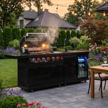 84 Inch Outdoor Kitchen Island, 6 Burner 75300 BTU Stainless Steel Propane Gas Grill Island with Sink and Refrigerator, SS304 Modular BBQ Barbecue Island with Granite Countertop and Rotisserie Kit
