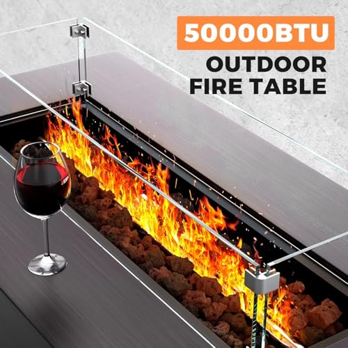 Jocoevol Fire Pit Table 50,000 BTU 42" Rectangular Propane Fire Pit Outdoor with Wind Guard Glass, Lid, Rocks and Cover Gas Fireplace for Deck or Patio