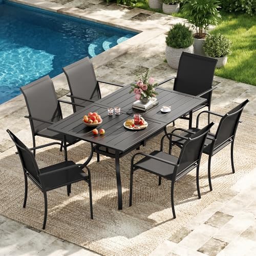 Crownland 7 Piece Patio Dining Set, Outdoor Textilene Dining Sets, 6 Textilene Metal Chairs and Rectangular Outdoor Dining Table with 1.57" Umbrella Hole,Black