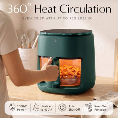 WILLOW Eco Series 6 in 1 Air Fryer with Glass Basket, 5 Quart Non Toxic Air Fryer w Digital Display, 430°F Max Temp, Preheat & Keep Warm Function, Compact + Dishwasher Safe Glass Airfryer - Green