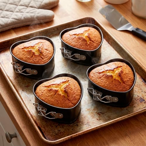 QWORK Springform Cake Pan Set - 4 Pack 4-Inch Non-Stick Leakproof Heart Shape Cheesecake Pan Baking Molds with Removable Bottom for Birthday Cakes