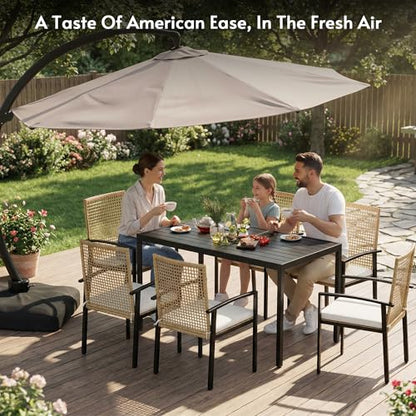 Rotihom 7-Piece Outdoor Dining Set for 6, Patio Dining Set with Hand-Woven Wicker Chairs & Cushions, 60" x 33" x 30" Wider Aluminum Woodgrain Table for Deck, Garden, Backyard