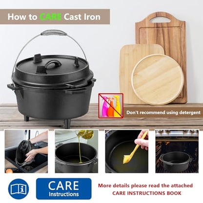 HaSteeL 7 QT Cast Iron Dutch Oven, Large 2 in 1 Camp Pre-Seasoned Deep Pot & Lid Skillet Pan, Heavy Thick 7 Quart Multiple Cookware with Feet for Outdoor Camping Baking, Bracket and Lid Lifter