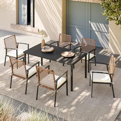 LAUSAINT HOME 7 Pieces Patio Dining Set, Outdoor Furniture Set of 6 Chairs with Soft Cushion and Iron Slats Table Top with Umbrella Hole, Conversation Set for Backyard, Garden and Poolside