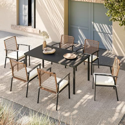 LAUSAINT HOME 7 Pieces Patio Dining Set, Outdoor Furniture Set of 6 Chairs with Soft Cushion and Iron Slats Table Top with Umbrella Hole, Conversation Set for Backyard, Garden and Poolside