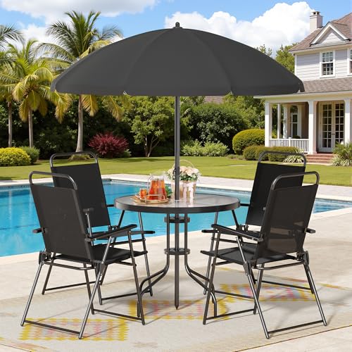 Shintenchi 6 Piece Patio Dining Set with Umbrella, Outdoor Furniture Set with 4 Folding Chairs and Tempered Glass Top Dining Table for Lawn Backyard Garden Porch, Black