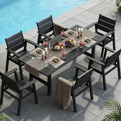 Polyhouz HDPE Outdoor Dining Table and Chairs, 7-Piece Patio Table and Chairs Set, Outdoor Dining Set for 6, All-Weather Dining Furniture Set with Umbrella Hole, Black