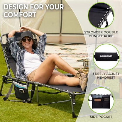 FUNDANGO Chaise Lounge Chair Outdoor, 5-Position Folding Tanning Chair with Detachable Side Table & Pillow, 180° Lay Flat Portable Beach, Heavy Duty U-Frame for Patio, Pool, Lawn, 265lbs (Black)