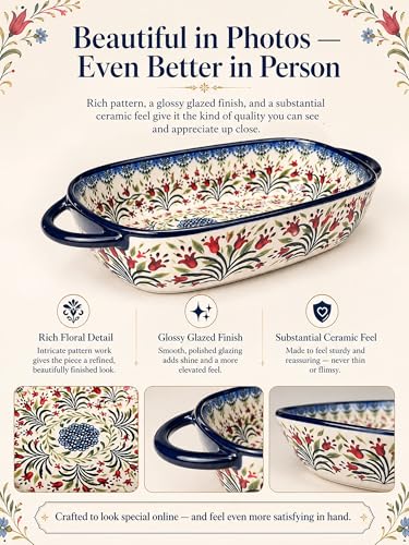 Polish Pottery Style Ceramic Baking Dish Set, 2-Piece Large & Small Casserole Bakers for 2–3 People, Floral Oven-to-Table Bakeware, Microwave & Dishwasher Safe, Gift-Ready with Protective Packaging