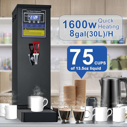 Hot Water Dispenser Commercial Water Boiler Countertop Hot Water Machine Stainless Steel Step-heating Temperature Control 86-212°F for Boba Tea Coffee Office Restaurant 1600W, 30L(8GAL)/Hour, Black