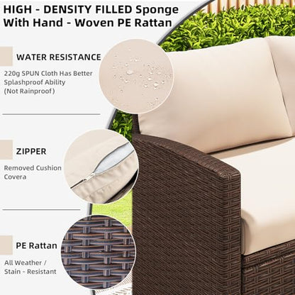 AECOJOY Outdoor Patio Furniture Set with Waterproof Cover, 7 Pieces Clearance Sectional Rattan Dining Table&Chairs, All Weather Wicker Conversation Sofa Couch, Khaki Cushions&Brown Rattan