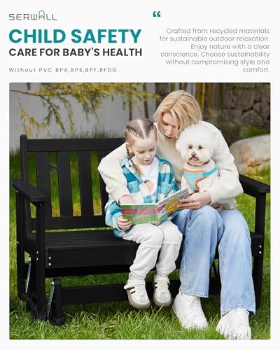 SERWALL 2 Person Patio Glider Bench, HDPE All Weather Swinging Bench, Black