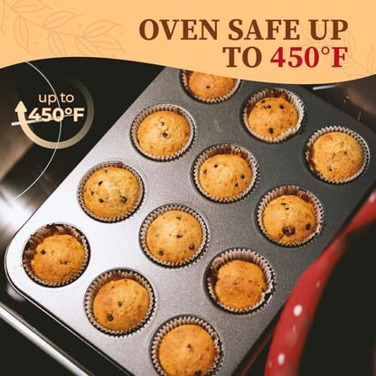 CARTMAN 2 Pack Muffin Pans with 200 Cupcake Liners, Nonstick 12-Cup Muffin Tins, Carbon Steel Cupcake Pans for Baking Muffins, Egg Bites, Brownies & More