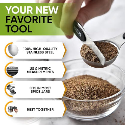 Spring Chef Magnetic Measuring Cups & Spoons Set, Patented, Strong N45 Magnets, Heavy Duty Stainless Steel Fits in Spice Jars for Baking & Cooking, BPA Free, Round Set of 15 with Leveler, Black